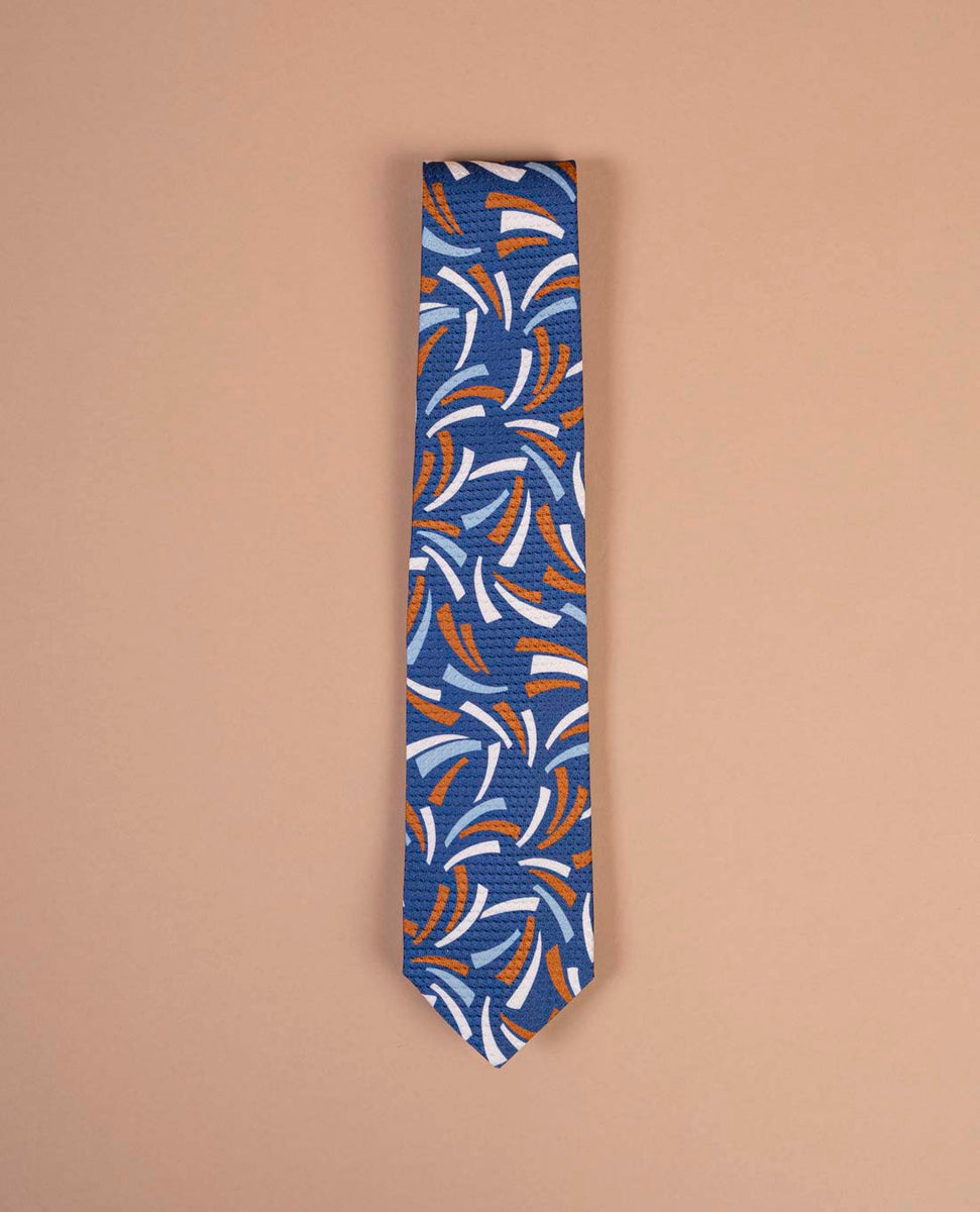 Geometric Silk Necktie Jacquard Brocade - Brown/Navy/Sky Blue